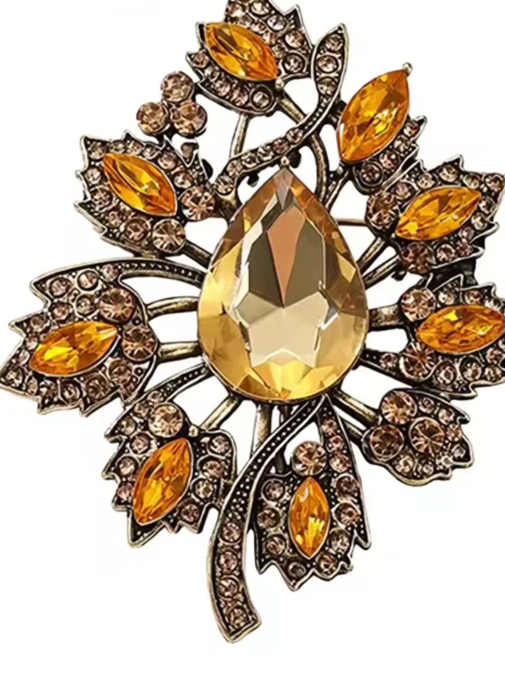 Autumn Amber Crystal Leaf Brooch
